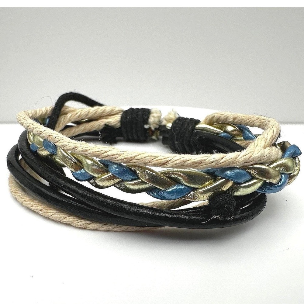 Vintage Braided Cord Faux Leather Layered Wrap Bracelet Black Blue Boho Surf Y2K